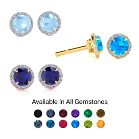 1 Carat Round Shape Gemstone and Halo Diamond Earrings In 14 Karat White Gold and Yellow Gold
