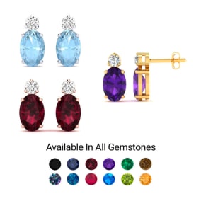 1 1/4 Carat Oval Gemstone and Diamond Stud Earrings In 14 Karat White Gold and Yellow Gold