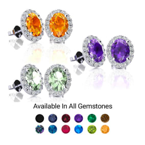 1 3/4 Carat Oval Shape Gemstone and Halo Diamond Stud Earrings In 14 Karat White Gold and Yellow Gold and Sterling Silver