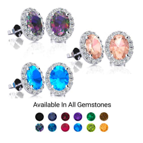 2 1/2 Carat Oval Shape Gemstone and Halo Diamond Stud Earrings In 14 Karat White Gold and Yellow Gold and Sterling Silver