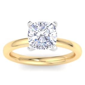 2 Carat Cushion Cut Lab Grown Diamond Ring In 14K Yellow Gold, Solitaire