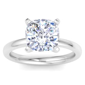 3 Carat Cushion Cut Lab Grown Diamond Ring In 14K White Gold, Solitaire