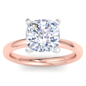 3 Carat Cushion Cut Lab Grown Diamond Ring In 14K Rose Gold, Solitaire