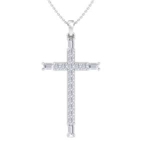 3/4 Carat Baguette and Round Diamond Cross Necklace In 14K White Gold, 18 Inches