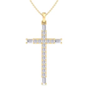 3/4 Carat Baguette and Round Diamond Cross Necklace In 14K Yellow Gold, 18 Inches