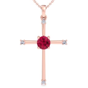 1/2 Carat Ruby and Diamond Cross Necklace In 14K Rose Gold, 18 Inches