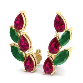 2 1/4 Carat Emerald and Ruby Earring Climbers In 14 Karat Yellow Gold