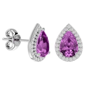 3 Carat Pear Shape Pink Sapphire and Halo Diamond Earrings In Sterling Silver