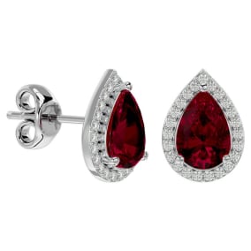 3 Carat Pear Shape Ruby and Halo Diamond Earrings In Sterling Silver