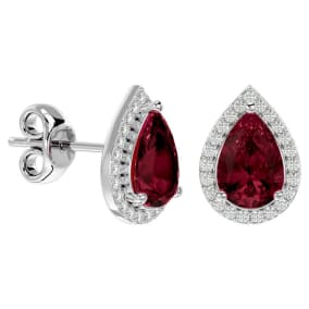 3 Carat Pear Shape Garnet and Halo Diamond Earrings In Sterling Silver