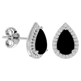 3 Carat Pear Shape Black Onyx and Halo Diamond Earrings In Sterling Silver