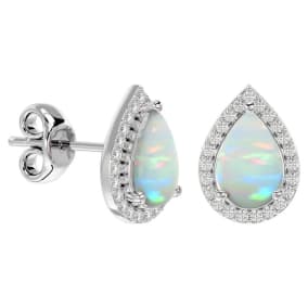 3 Carat Pear Shape Opal and Halo Diamond Earrings In Sterling Silver