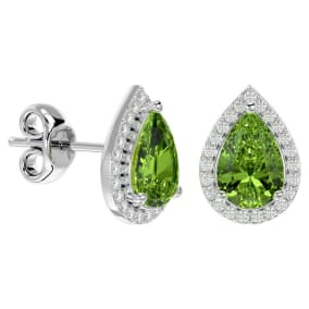 3 Carat Pear Shape Peridot and Halo Diamond Earrings In Sterling Silver
