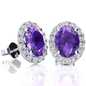 2 1/4 Carat Oval Shape Amethyst and Halo Diamond Earrings In Sterling Silver