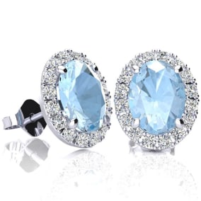 2 1/4 Carat Oval Shape Aquamarine and Halo Diamond Earrings In Sterling Silver