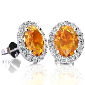 2 1/4 Carat Oval Shape Citrine and Halo Diamond Earrings In Sterling Silver