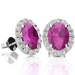 2 1/4 Carat Oval Shape Pink Sapphire and Halo Diamond Earrings In Sterling Silver