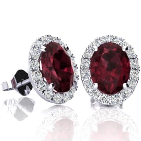 2 1/4 Carat Oval Shape Garnet and Halo Diamond Earrings In Sterling Silver