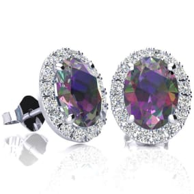 2 1/4 Carat Oval Shape Mystic Topaz and Halo Diamond Earrings In Sterling Silver