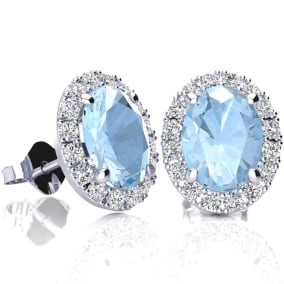 2 3/4 Carat Oval Shape Aquamarine and Halo Diamond Earrings In Sterling Silver