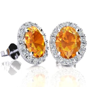 2 3/4 Carat Oval Shape Citrine and Halo Diamond Earrings In Sterling Silver