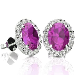 2 3/4 Carat Oval Shape Pink Sapphire and Halo Diamond Earrings In Sterling Silver