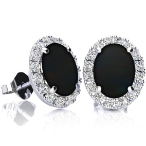 2 3/4 Carat Oval Shape Black Onyx and Halo Diamond Earrings In Sterling Silver