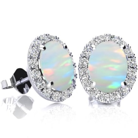 2 3/4 Carat Oval Shape Opal and Halo Diamond Earrings In Sterling Silver