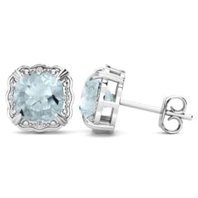 2 Carat Cushion Cut Aquamarine and Diamond Earrings In Sterling Silver