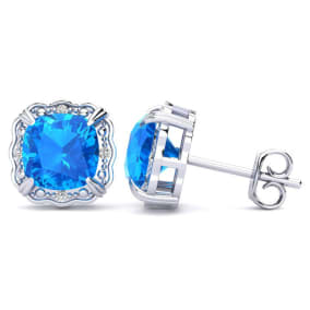 2 Carat Cushion Cut Blue Topaz and Diamond Earrings In Sterling Silver