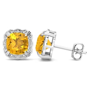2 Carat Cushion Cut Citrine and Diamond Earrings In Sterling Silver