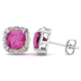 2 Carat Cushion Cut Pink Sapphire and Diamond Earrings In Sterling Silver