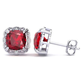 2 Carat Cushion Cut Ruby and Diamond Earrings In Sterling Silver