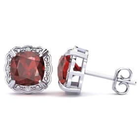 2 Carat Cushion Cut Garnet and Diamond Earrings In Sterling Silver