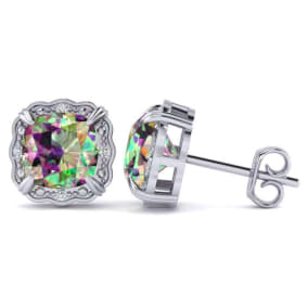 2 Carat Cushion Cut Mystic Topaz and Diamond Earrings In Sterling Silver