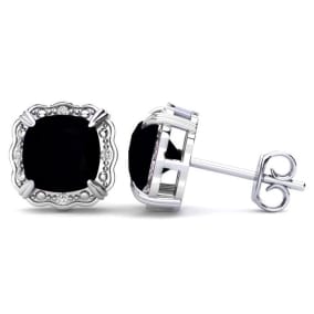 2 Carat Cushion Cut Black Onyx and Diamond Earrings In Sterling Silver