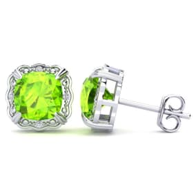 2 Carat Cushion Cut Peridot and Diamond Earrings In Sterling Silver