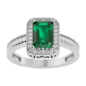 2 Carat Antique Style Emerald and Diamond Ring in 14 Karat White Gold