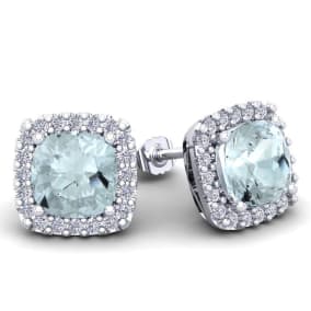 2 1/4 Carat Cushion Cut Aquamarine and Halo Diamond Earrings In Sterling Silver