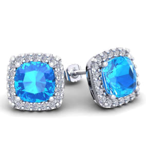 2 1/4 Carat Cushion Cut Blue Topaz and Halo Diamond Earrings In Sterling Silver