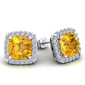 2 1/4 Carat Cushion Cut Citrine and Halo Diamond Earrings In Sterling Silver