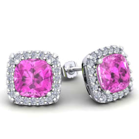 2 1/4 Carat Cushion Cut Pink Sapphire and Halo Diamond Earrings In Sterling Silver