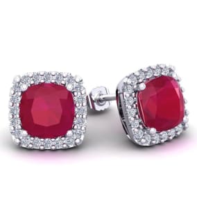 2 1/4 Carat Cushion Cut Ruby and Halo Diamond Earrings In Sterling Silver