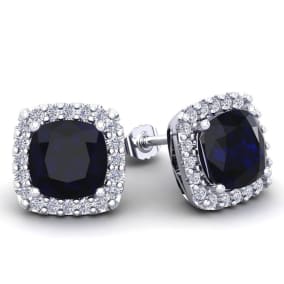 2 1/4 Carat Cushion Cut Sapphire and Halo Diamond Earrings In Sterling Silver