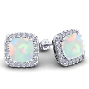 2 1/4 Carat Cushion Cut Opal and Halo Diamond Earrings In Sterling Silver