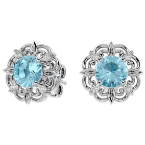2 Carat Aquamarine and Diamond Antique Stud Earrings In Sterling Silver
