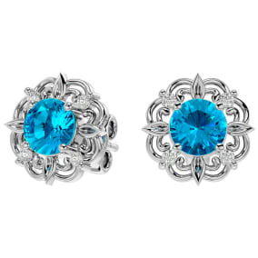 2 Carat Blue Topaz and Diamond Antique Stud Earrings In Sterling Silver