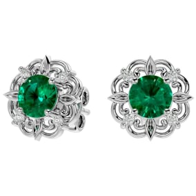 2 Carat Emerald and Diamond Antique Stud Earrings In Sterling Silver