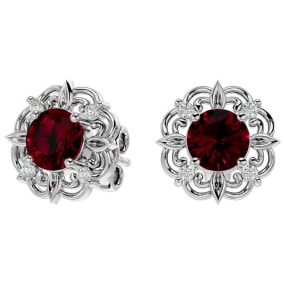 2 Carat Ruby and Diamond Antique Stud Earrings In Sterling Silver