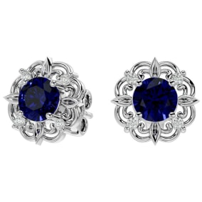 2 Carat Sapphire and Diamond Antique Stud Earrings In Sterling Silver